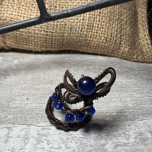 Handcrafted Copper Wire Dragonfly Ring with Blue Beads
